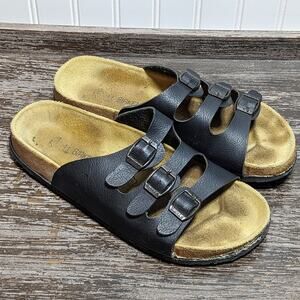 Birkenstock Women's Black Leather Triple Buckle Slide On Comfort Sandal Size 41
